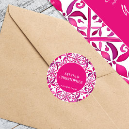 Rosa Spanska talavera bröllop monogram tryckt Runt Klistermärke