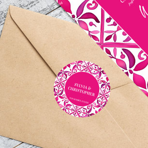 Rosa Spanska talavera bröllop monogram tryckt Runt Klistermärke