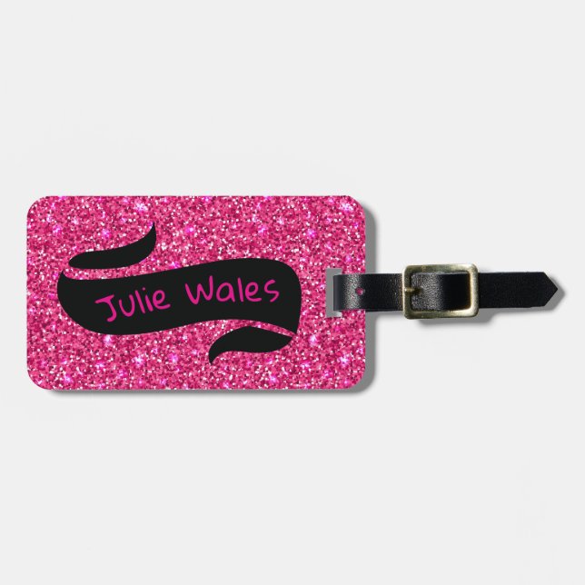 Rosa Sparkles Black Banner Luggage Tag Bagagebricka (Horisontell Framsida)