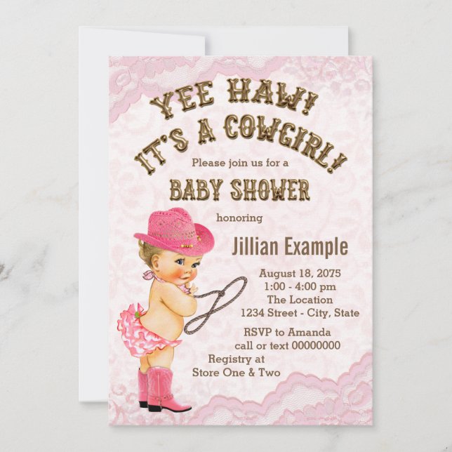 Rosa spets cowgirl baby shower inbjudningar (Framsida)