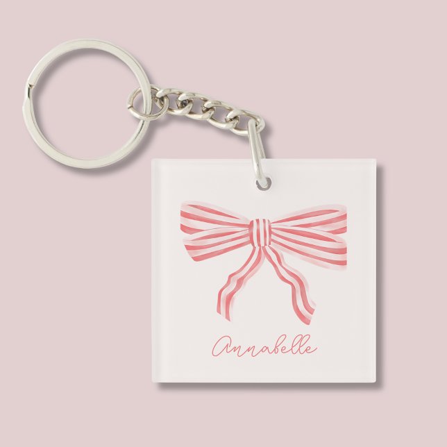 Rosa spetsbåge & förnamn (Blush pink bow keychain with custom name.)