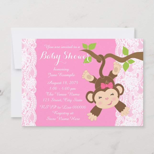 Rosa spetssimian flicka baby shower inbjudningar (Framsida)