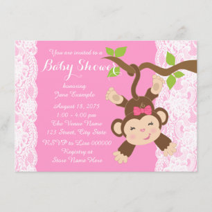 Rosa spetssimian flicka baby shower inbjudningar