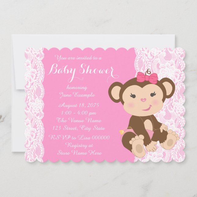 Rosa spetssimian flicka baby shower inbjudningar (Framsida)