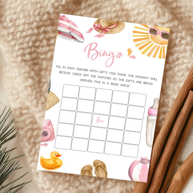 Rosa Splish Splash Baby Shower Bingo Spel (Girl Summer Beach Baby Shower Bingo Game)