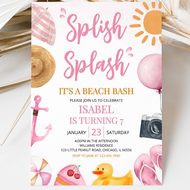 Rosa Splish Splash Strandfest Födelsedagsfirande Inbjudningar (Skapare uppladdad)