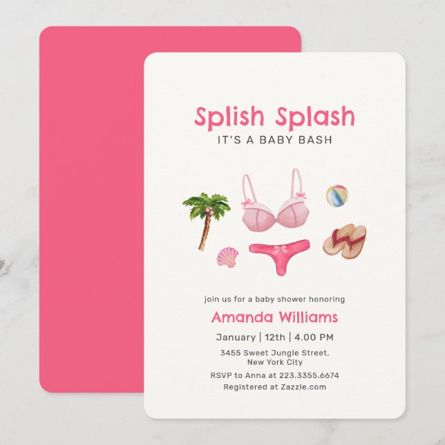 Rosa Splish Splash Strandtomte Baby Shower  Inbjudningar (Fram/baksida)