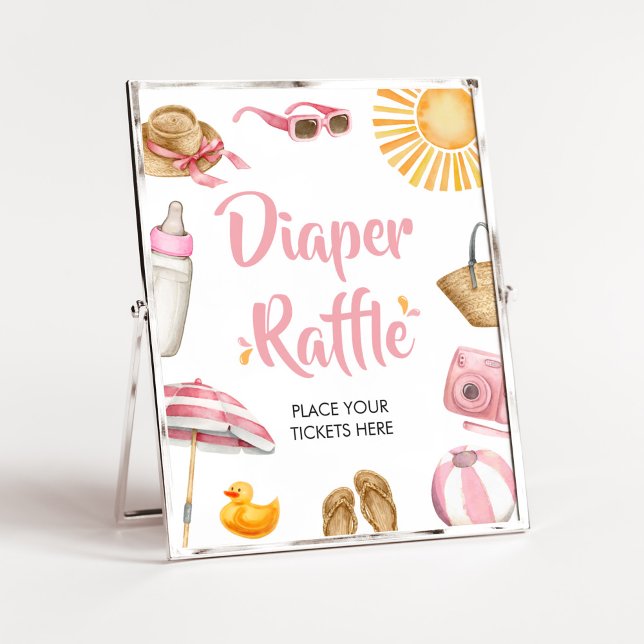 Rosa Splish Stänk Baby Shower Diaper Raffle Poster (Girl Summer Beach Baby Shower Diaper Raffle Sign)