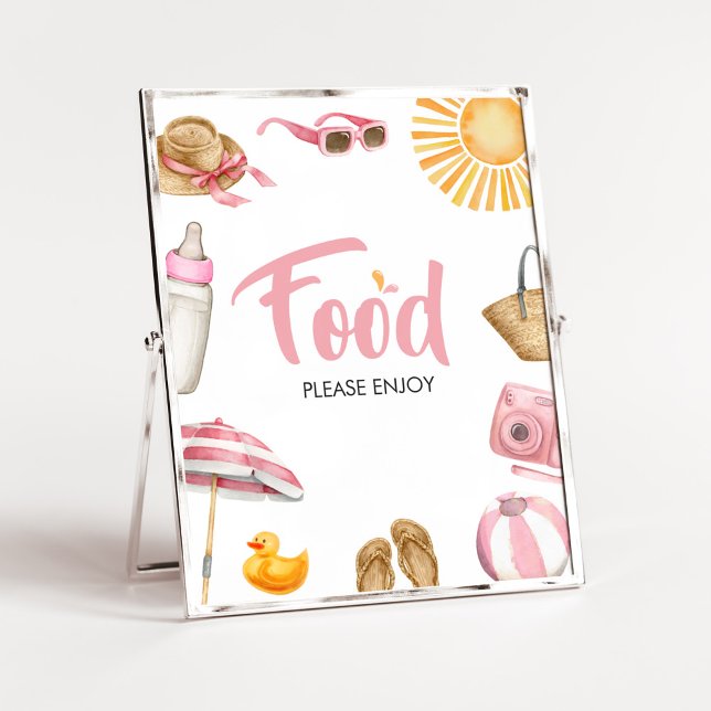 Rosa Splish Stänk Baby Shower Food Poster (Girl Summer Beach Baby Shower Food Sign)