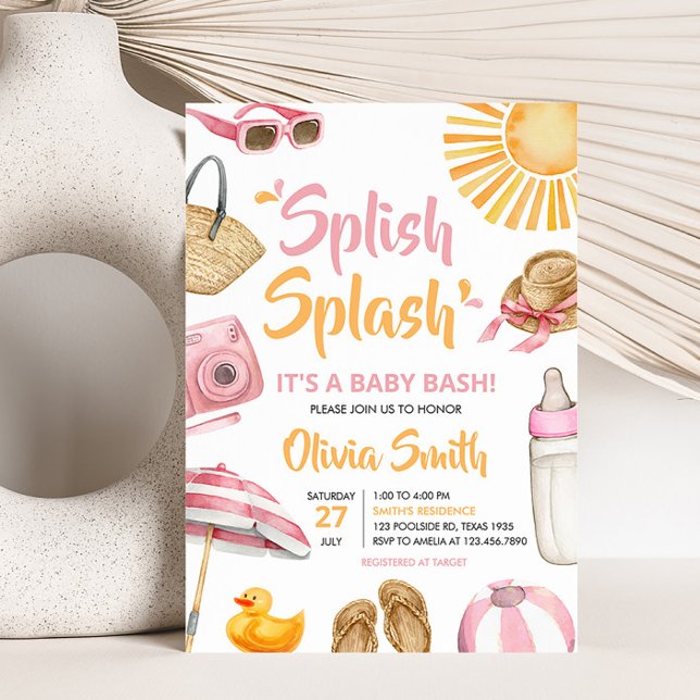 Rosa Splish Stänk Baby Shower Inbjudningar (Girl Summer Beach Baby Shower Invitation)