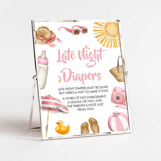 Rosa Splish Stänk Baby Shower Late Night Diables Poster (Girl Summer Beach Baby Shower Late Night Diapers Sign)