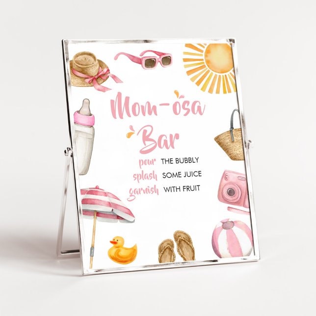 Rosa Splish Stänk Baby Shower Mamma Osa Pub Poster (Girl Summer Beach Baby Shower Mom Osa Bar Sign)