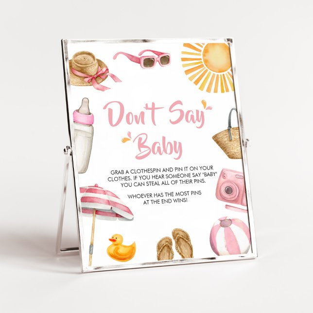 Rosa Splish Stänk Baby Shower Säg inte Baby Poster (Girl Summer Beach Baby Shower Don't Say Baby Sign)