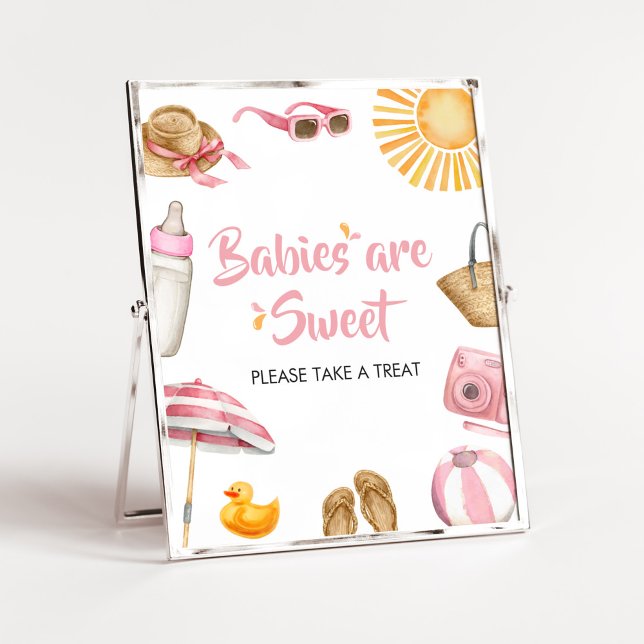 Rosa Splish Stänk Baby Shower Spädbarn är Sweet Poster (Girl Summer Beach Baby Shower Babies are Sweet Sign)