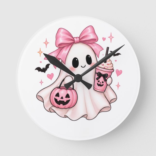 Rosa spök-coquette Halloween Rund Klocka (Framsida)