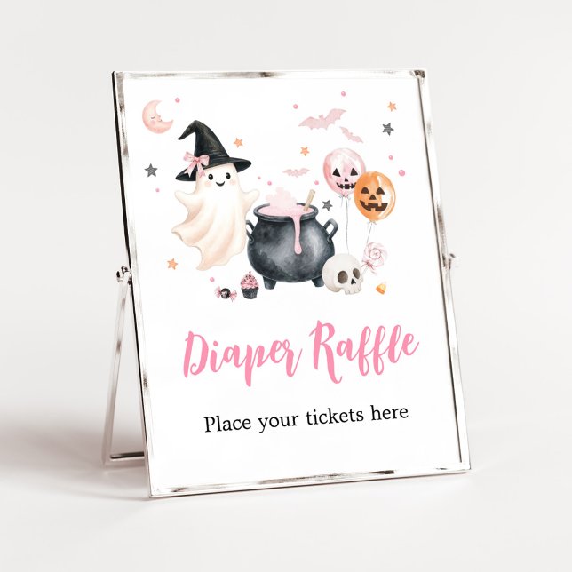 Rosa spök liten Boo blöja lotteri skylt (Girl Little Boo Baby Shower Diaper Raffle Sign)