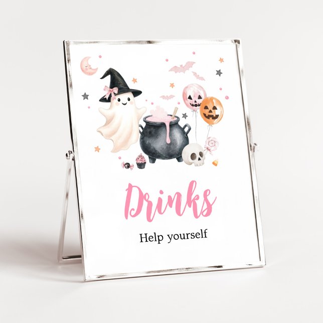 Rosa spök Little Boo dricker skylt (Girl Little Boo Baby Shower Drinks Sign)