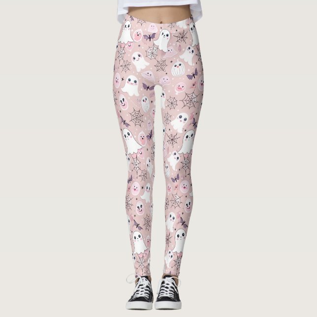 Rosa Spöken & Halloween Inslag Sömlös Mönster Leggings (Framsida)