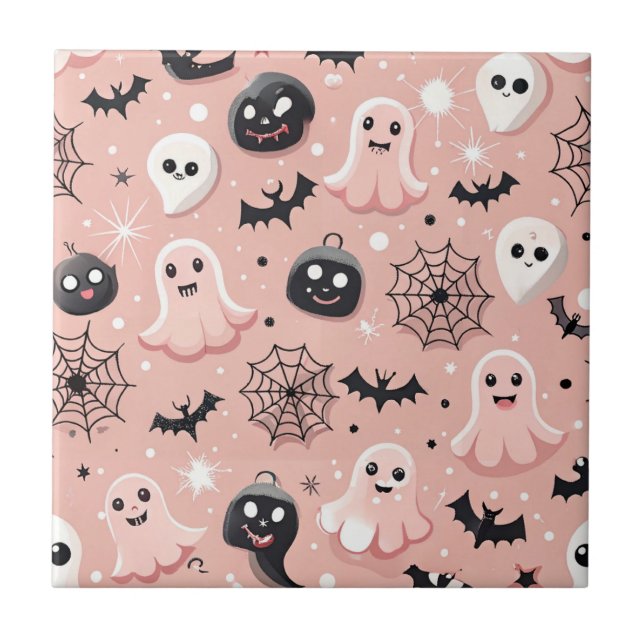 Rosa Spöken & Halloween Sömlösa Mönster Kakelplatta (Framsidan)