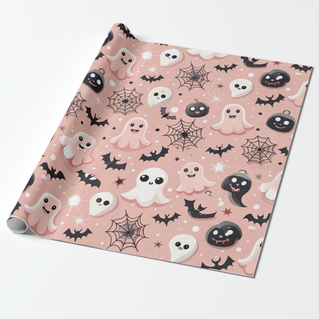 Rosa Spöken & Halloween Sömlösa Mönster Presentpapper (Utrullad)