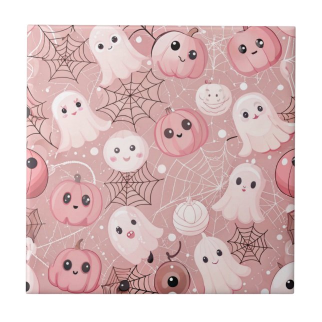 Rosa Spöken & Pumpkins Whimsical Halloween Kakelplatta (Framsidan)