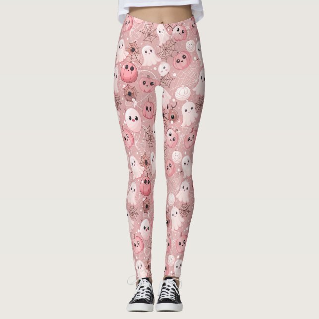 Rosa Spöken & Pumpkins Whimsical Halloween Leggings (Framsida)