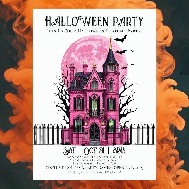 Rosa spökhus Halloween-kostymfest inbjudan (Skapare uppladdad)