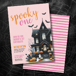 Rosa spöklig etta Halloween 1-års födelsedag Inbjudningar