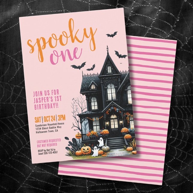 Rosa spöklig etta Halloween 1-års födelsedag Inbjudningar (Pink Spooky One Halloween 1st Birthday Invitation)