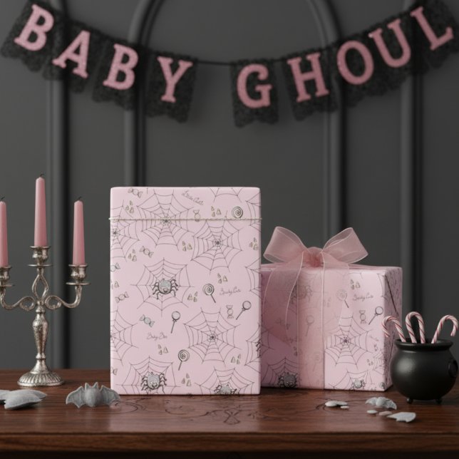 Rosa Spooky Cute Baby Spiders, Websar och godis Presentpapper (Spooky Cute Baby Spiders Halloween Girl Baby Shower Wrapping Paper. Pink Spiders & Webs Pattern)