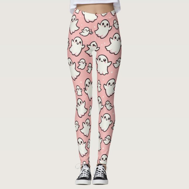 Rosa Spooky Ghost Mönster Halloween Leggings (Framsida)