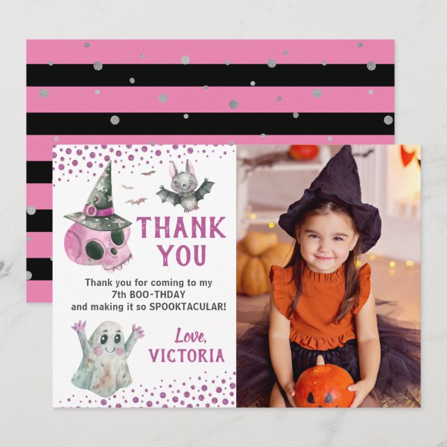 Rosa Spooky Girl Halloween Photo tackto You Card Inbjudningar (Fram/baksida)