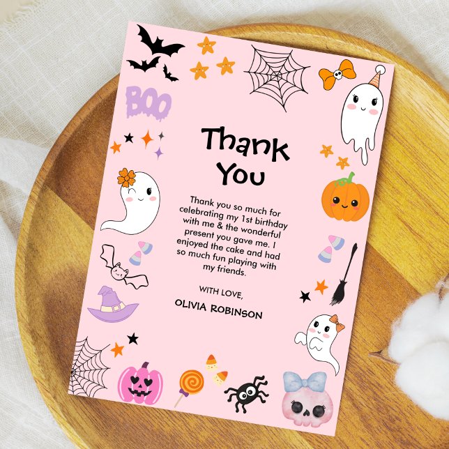 Rosa Spooky One Cute Ghost Halloween 1:a födelseda Tack Kort (Pink Spooky One Cute Ghost Girl Halloween 1st Birthday Thank You Card )