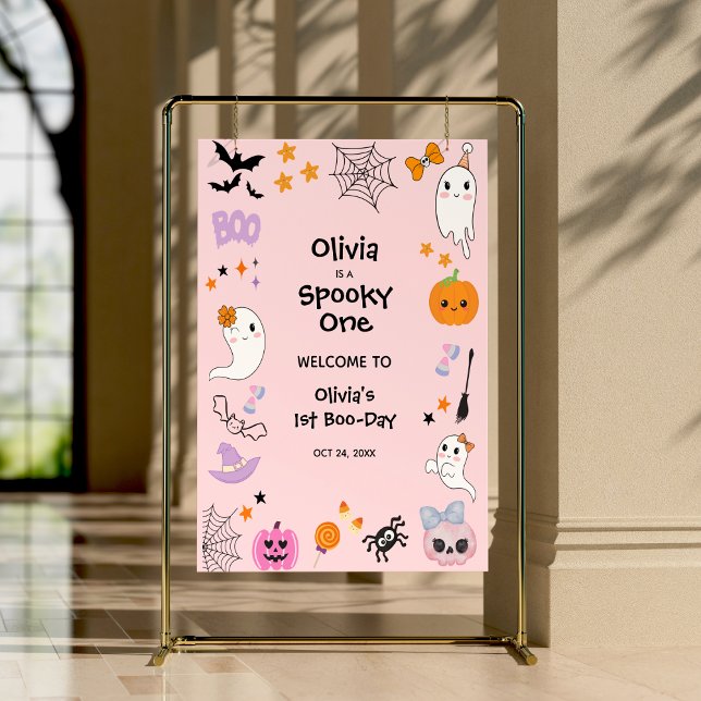 Rosa Spooky One Halloween 1:a födelsedag Välkommen Poster (Pink Spooky One Cute Ghost Halloween 1st Birthday Welcome Sign )