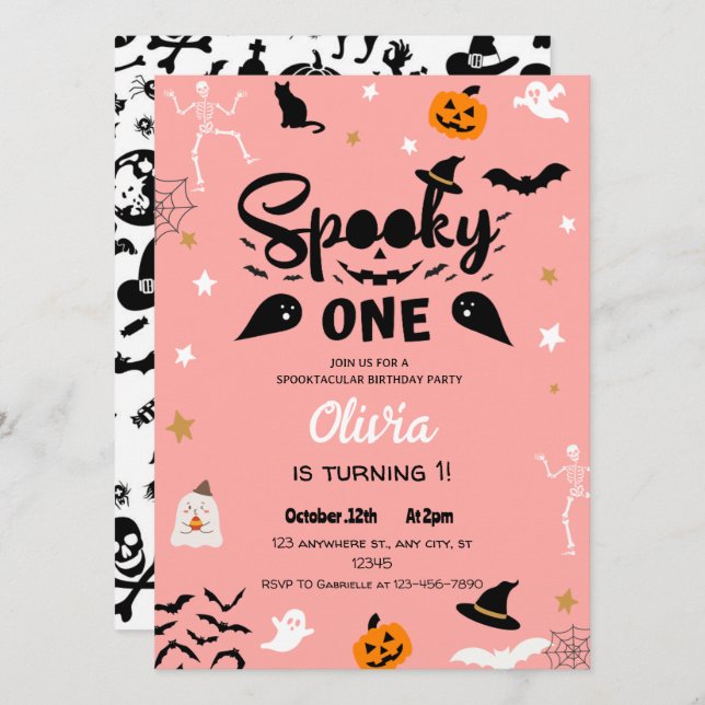Rosa Spooky One Halloween Birthday-inbjudan Inbjudningar (Fram/baksida)