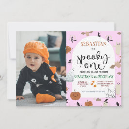 Rosa Spooky One Halloween Ghost 1 Birthday Photo Inbjudningar