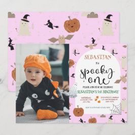 Rosa Spooky One Halloween Ghost 1 Birthday Photo Inbjudningar