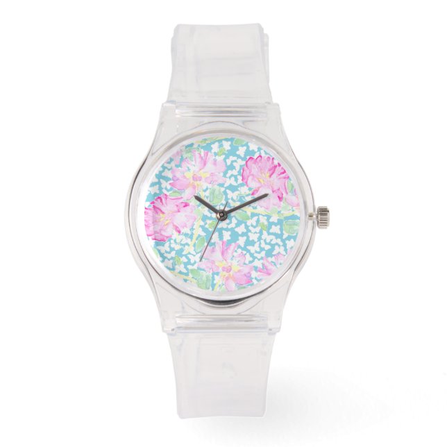 Rosa Sporty Watch: Rosa ros, White Butterflies Armbandsur (Framsida)