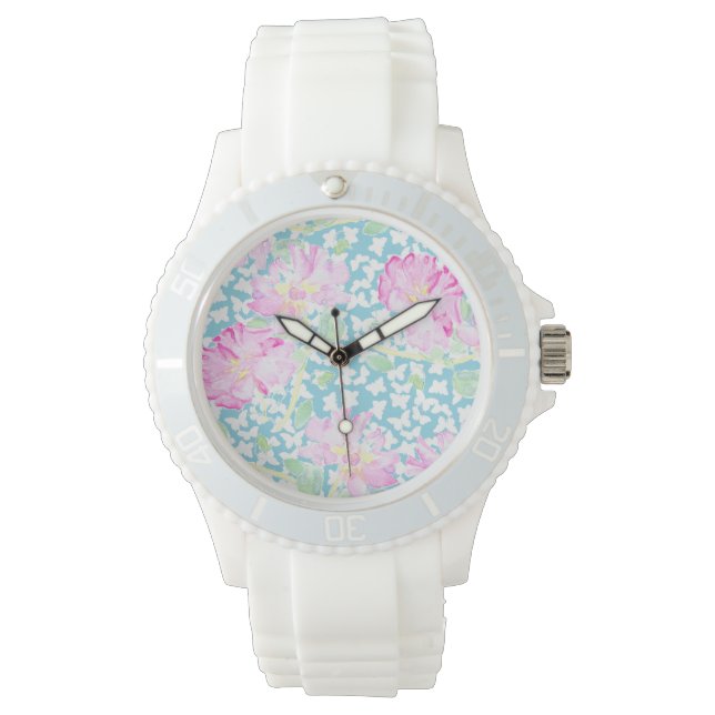 Rosa Sporty Watch: Rosa ros, White Butterflies Armbandsur (Framsida)
