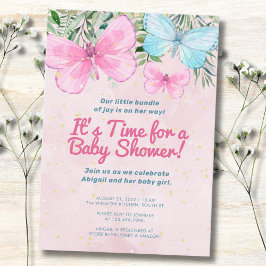 Rosa Sprinkle Butterfly Girl Baby Shower Inbjudningar
