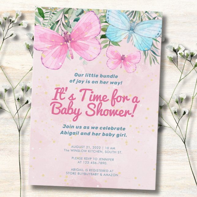 Rosa Sprinkle Butterfly Girl Baby Shower Inbjudningar (Skapare uppladdad)