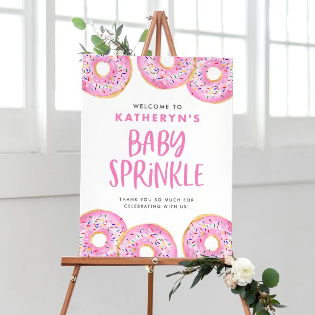 Rosa Sprinkle Donuts Baby Sprinkle Välkommen Poster (Watercolor Pink Sprinkle Donut Baby Sprinkle Welcome Sign – Customizable Baby Shower Decor)
