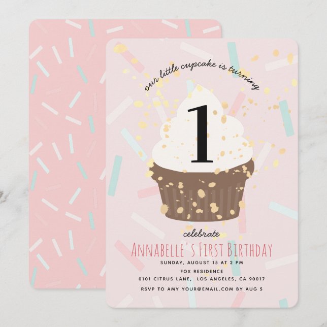 Rosa Sprinkles Cuptårta Birthday-inbjudan Inbjudningar (Fram/baksida)