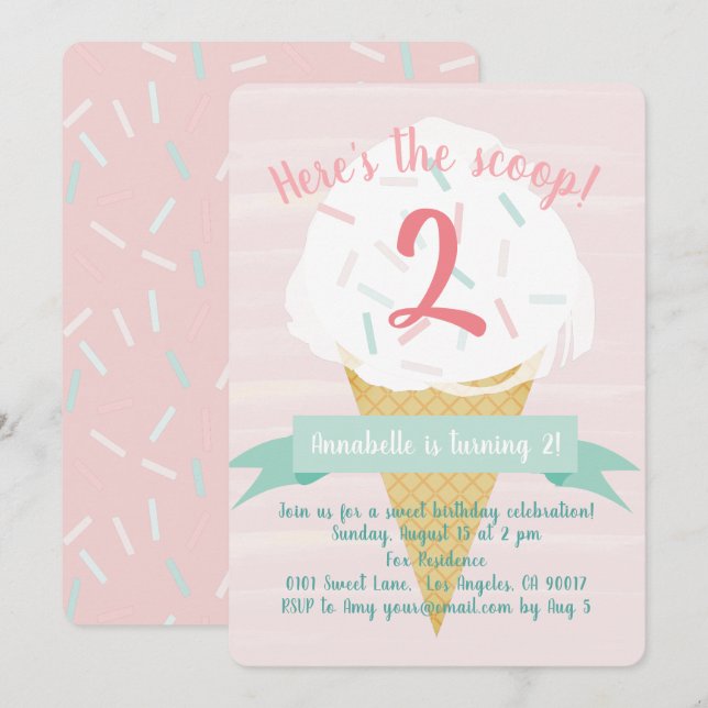 Rosa Sprinkles Ice Cream Birthday-inbjudan Inbjudningar (Fram/baksida)