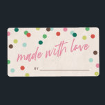 Rosa Sprinkles som gjorts med Kärlek-partiets favo Fraktsedel<br><div class="desc">Denna lekplatsetikett skapades för att koordineras med julfesten "Decorate Celebrate". Den innehåller frasen "tillverkad med kärlek" i handskrivet skript med text över en beige bakgrund och omgiven av ett gäng färgfyllda pricksprinkler. Utformningen skapades för märkning av julkaka som dekorerar party favors, men det skulle också vara perfekt för märkning av...</div>