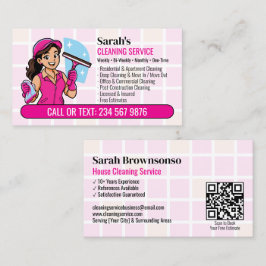 Rosa Squeegee Fönster Rengöring QR Tecknad Tjej Visitkort