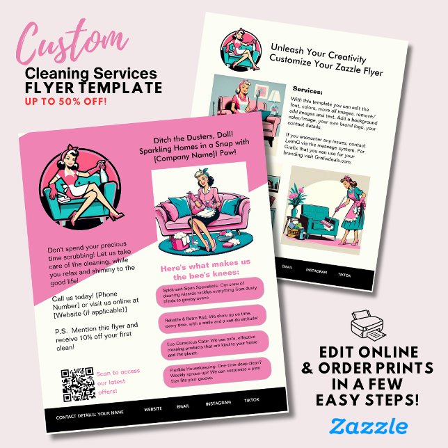 ⭐️ Rosa Städning Business Flyer-mall Retro 50s Flygblad (Skapare uppladdad)