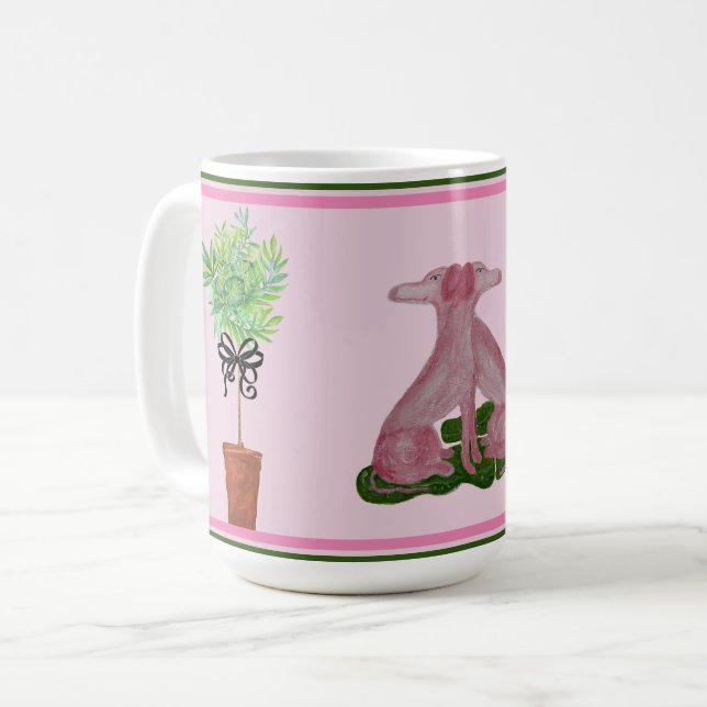 Rosa Staffordshire Hundar Topiary Kaffemugg (Framsida vänster)