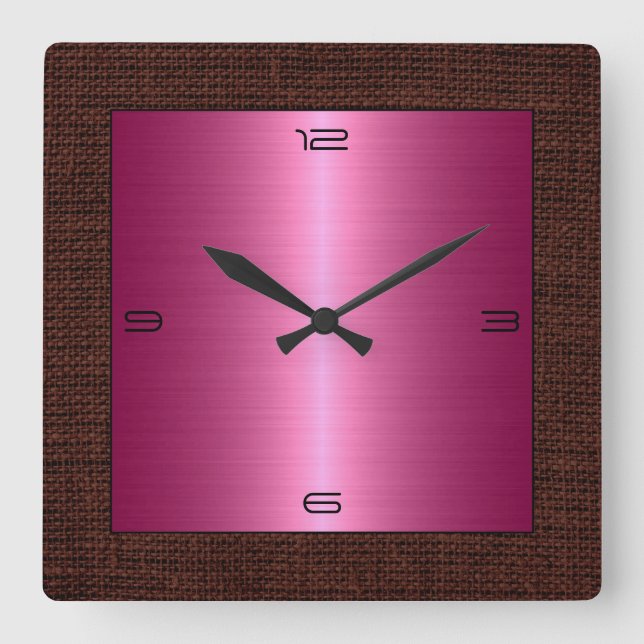 Rosa Stainless Steel Modern Burlap Gräns Fyrkantig Klocka (Framsida)