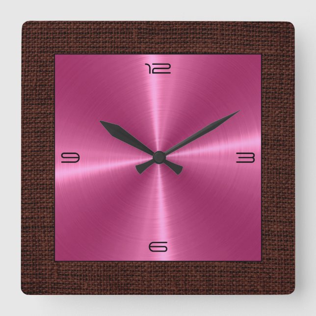 Rosa Stainless Steel Modern Burlap Gräns Fyrkantig Klocka (Framsida)